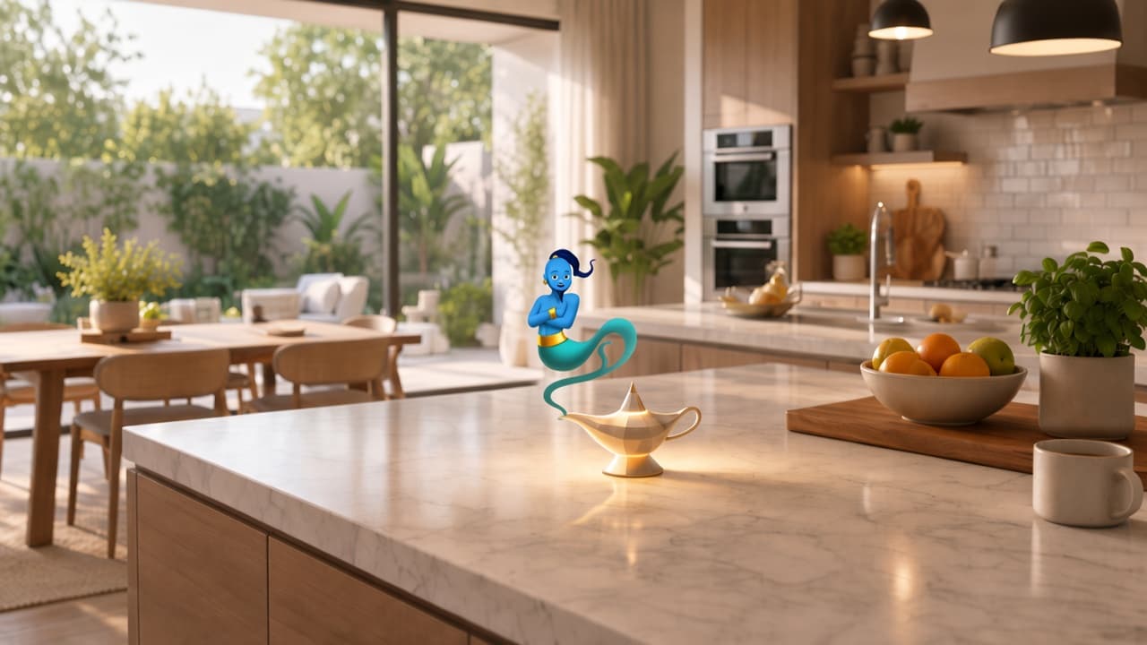 A small genie rising from the lamp on a vacation-house kitchen counter