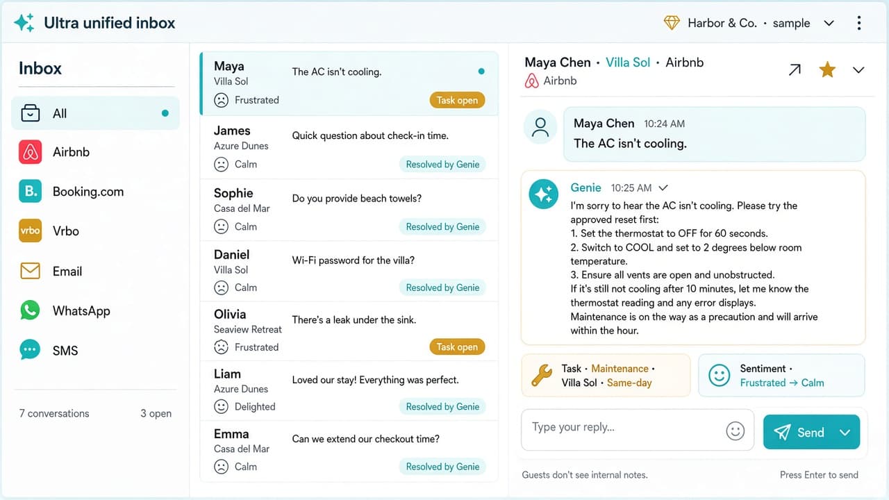 A unified inbox with Airbnb, Booking.com, Vrbo, email, WhatsApp, and SMS in one list. Most threads are marked resolved by Genie. The open thread shows a guest AC issue, Genie’s reply, a same-day maintenance task, and sentiment moving from frustrated to calm.